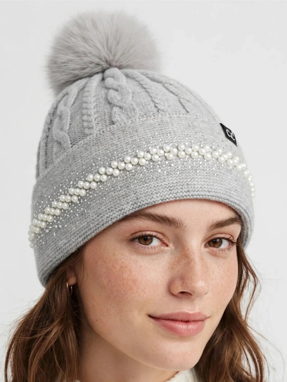 C.C New Beanie Gray Womens Soft Pearl Warm Faux Fur Pom Winter Hat Stretch